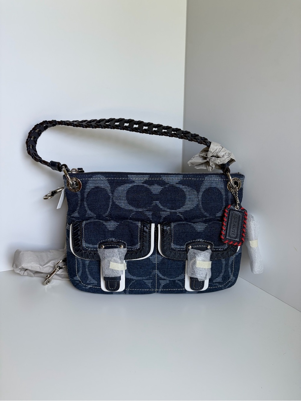 HTF NWT Vintage Coach Signature Denim Shoulder Bag Red Stitch Tag Dust Bag